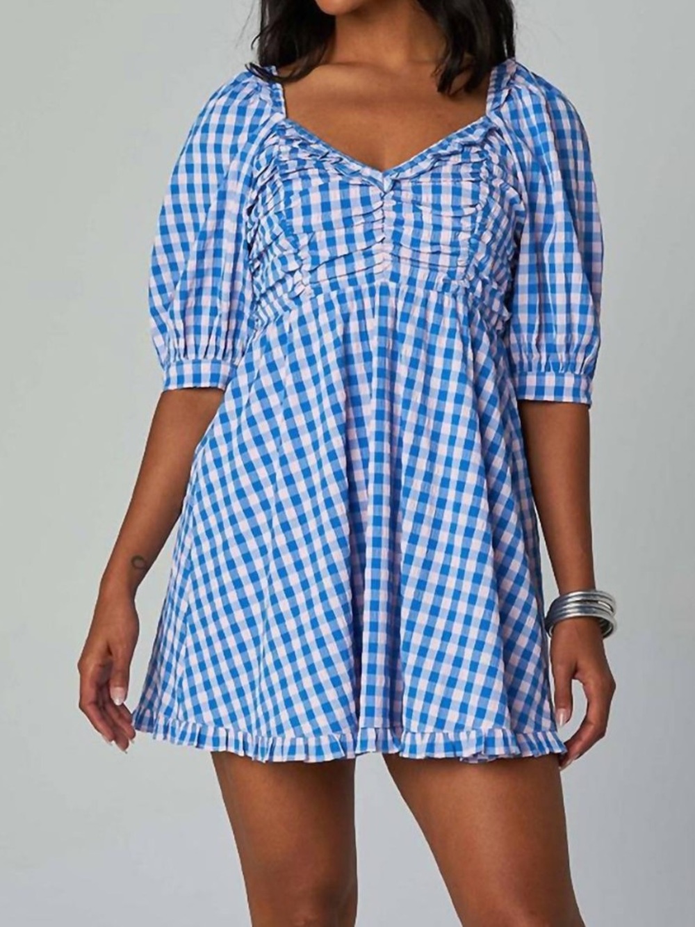 Buddy Love Gingham Mini Dress Poppy Puff Sleeve Light Blue Pink Womens Small